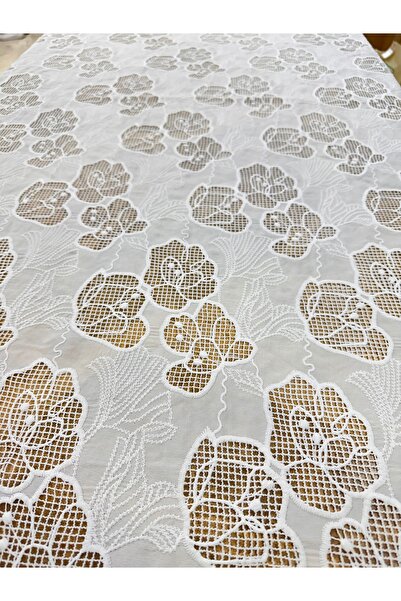 METERİAL Çiçek Desenli File Görünümlü Beyaz Dantel Kumaş | Hafif ve Zarif Tasarımlar İçin | 1 Metre