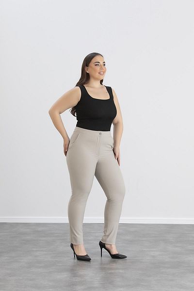 LİYACA Plus Size High Waist Lycra Ankle Length Fabric Pants with Pockets