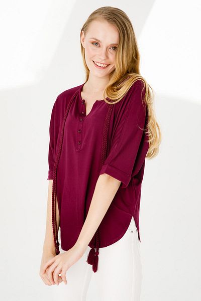 Desen Triko Women's Judge Collar Bat Sleeve Tasseled Combed Cotton Tunic Plum