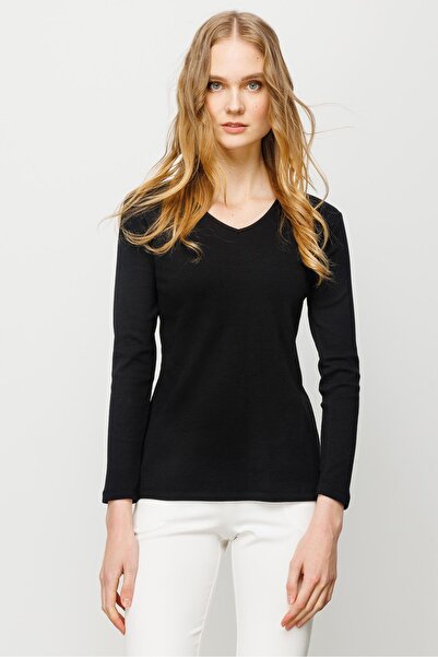 Desen Triko Γυναικεία βαμβακερή μπλούζα με λαιμόκοψη V μαύρη