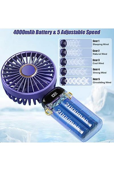 Generic Portable Handheld Fan 4000mAh | 3-in-1 Neck, Desk, Hand Fan | 5-Speed Folding Fan with LED Blue
