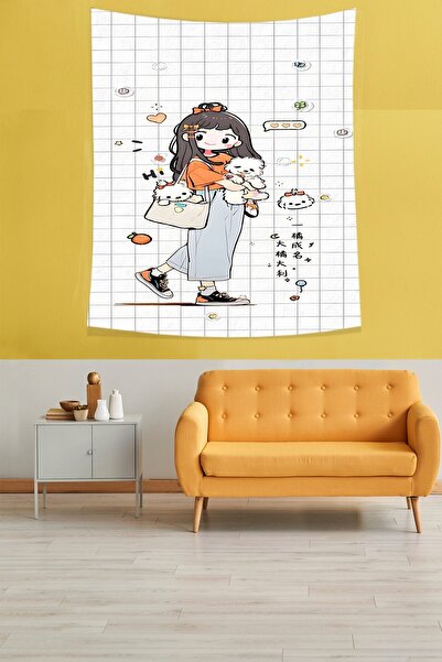 linazaitun Cute Girls and Dogs Stain Resistant Fabric Wall Cloth Wall Tapestr...