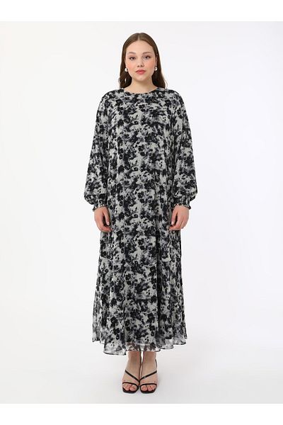 ALİA Plus Size Rose Patterned Chiffon Hijab Dress - Black - Alia