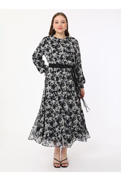 ALİA Plus Size Rose Patterned Chiffon Hijab Dress - Black - Alia