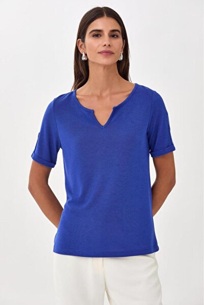 İKİLER Yuvarlak Yakalı Mini Patlı Kısa Kol Bluz 025-1009