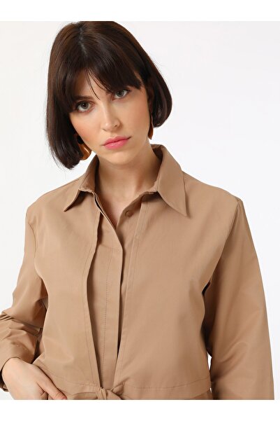 Benin Lacing Detailed Cotton Poplin Blouse Shirt - Mink - Benin