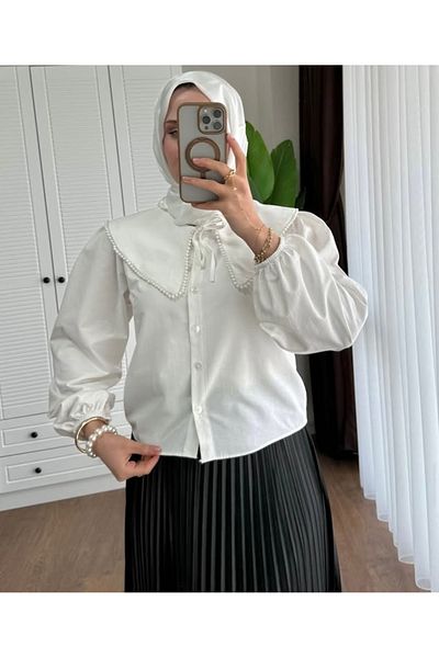 nizzell Pearl Collar Women Short Shirt