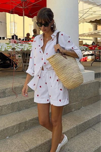 Madmext White Strawberry Pattern Women Shorts Shirt Suit Mg2406