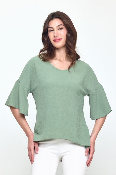 Laranor Nil Green Flywheel Sleeve U Neck Asymmetrical Ayrobin Blouse 25L8031