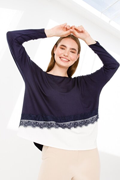 Desen Triko Women's Crew Neck Long Sleeve Skirt Lace Piece Combed Cotton Tunic Navy Blue