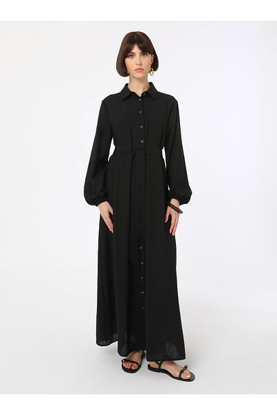 Refka Λινό φόρεμα Hijab με κουμπιά - Μαύρο - Refka