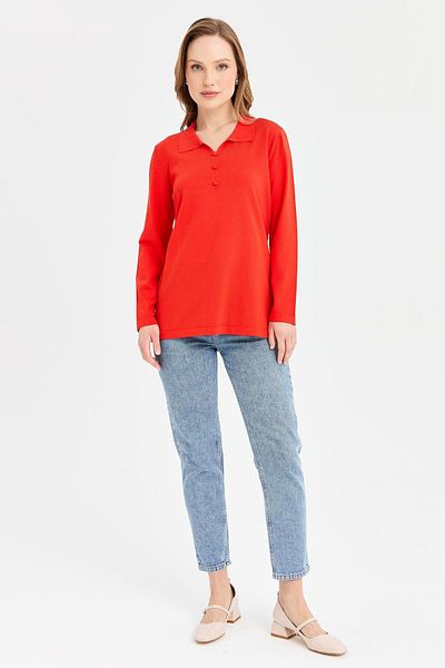 Desen Triko Coral Colored Women's Polo Neck Thin Knitwear Blouse