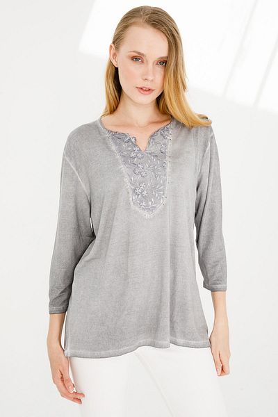 Desen Triko Women's Turn-down Collar Three Quarter Laced Combed Cotton Blouse Gray