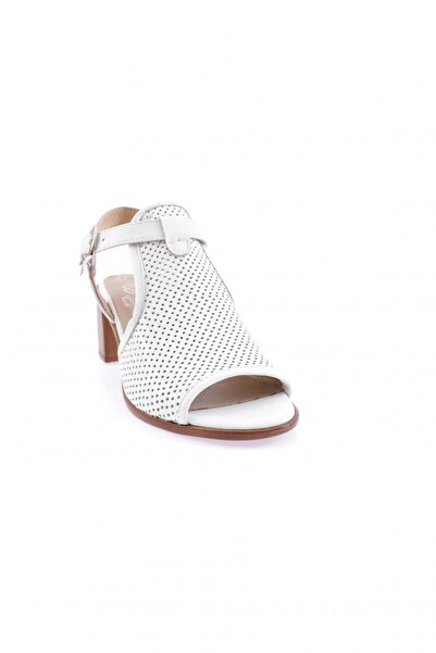 DGN 055 Model Laser Cut White Genuine Leather Women's Heeled Sandals