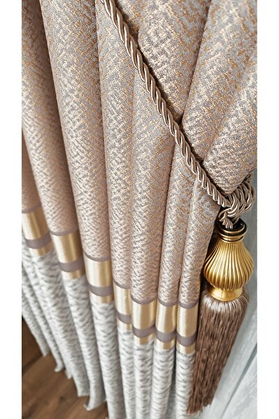 Yuka Πρόχειρο φόντο κουρτίνα βιζόν Κρέμα χρυσό ριγέ σύννεφο μοτίβο μονό φτερό στενό πλισέ ζακάρ