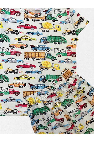 elmas kids Boy's 100% Cotton Ecru Car Truck Tow Truck Patterned Short Sleeve Shorts Pajama Set