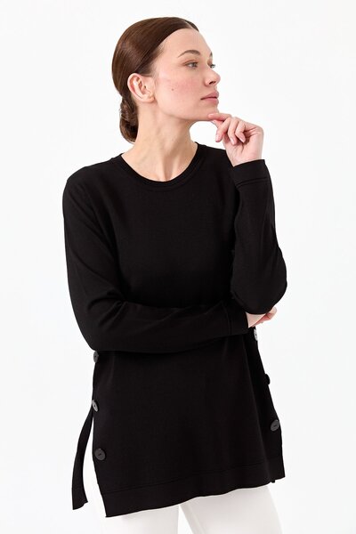 Desen Triko Bluză de tricot cu nasturi laterale pentru damă, neagră