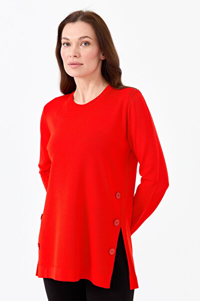 Desen Triko Γυναικεία πλεκτή μπλούζα με κουμπιά στο πλάι με λαιμόκοψη κόκκινο