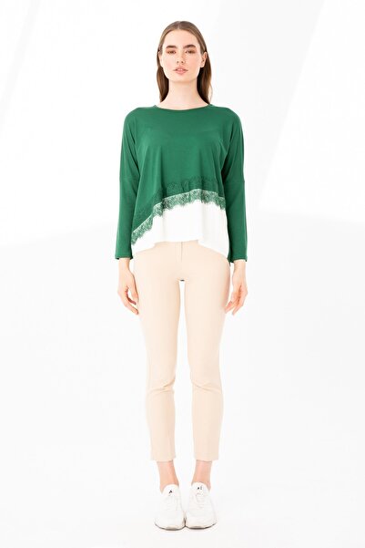 Desen Triko Women's Crew Neck Long Sleeve Skirt Lace Piece Combed Cotton Tunic Nefti