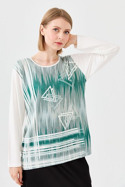 Desen Triko Women's Crew Neck Front Printed Stoned Combed Cotton Blouse Bone