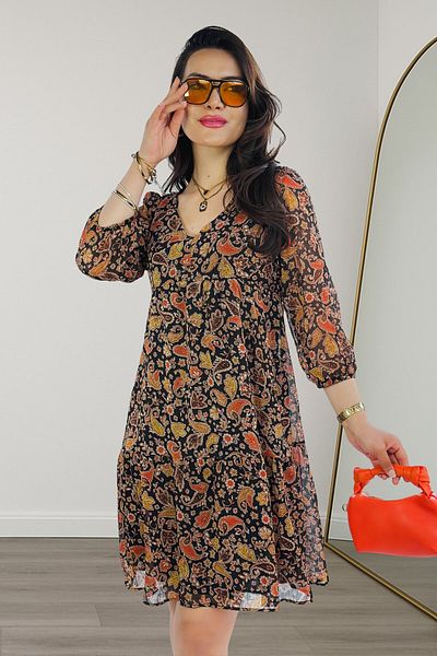 Kübra Tekstil Γυναικείο φόρεμα σιφόν με μοτίβο Lupinn Fashion με μανίκια τριών τετάρτων