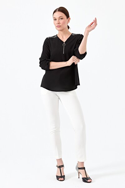 Desen Triko Γυναικεία μπλούζα με φερμουάρ μαύρη