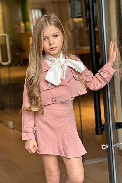 Riccotarz Girl's Collar Tie and Gold Stripe Detailed Shirt Blazer Jacket Pleated Pink Skirt Suit