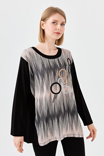 Desen Triko Women's Crew Neck Front Patterned Long Sleeve Combed Cotton Blouse Black