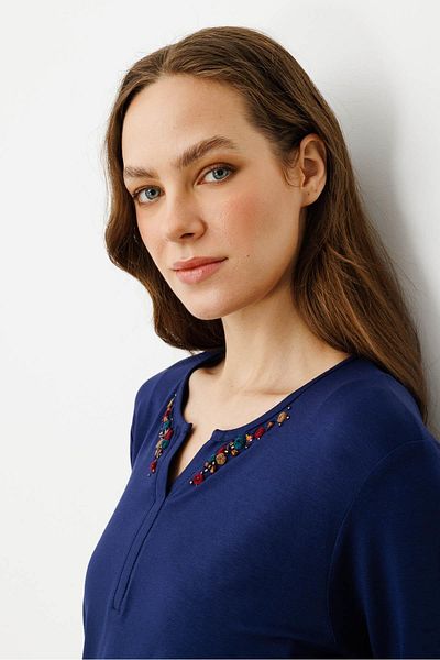 Desen Triko Women's Open Collar Embroidered Combed Cotton Blouse Navy Blue