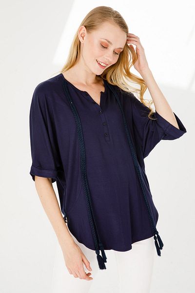 Desen Triko Women's Judge Collar Bat Sleeve Tasseled Combed Cotton Tunic Navy Blue