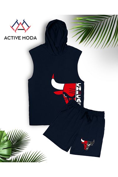 ACTIVE MODA -طقم شورت رياضي بدون أكمام بطبعة شيكاغو للرجال مكون من قطعتين مقاس كبير