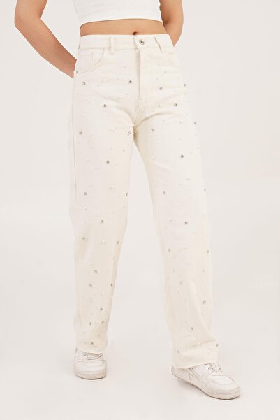 Hipo Trend Pantaloni din denim Palazzo bej brodați cu talie înaltă Glow Mode