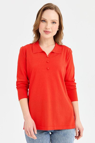 Desen Triko Coral Colored Women's Polo Neck Thin Knitwear Blouse