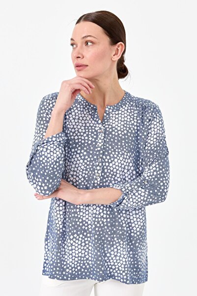 Desen Triko Жіноча блуза з двоколірним коміром з трикотажу, індиго