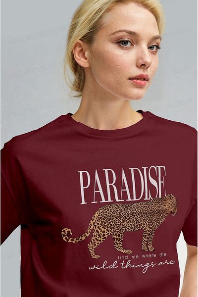 Millionaire Women's Burgundy Paradise Leopard Women's Short Sleeve Relax Fit Relaxed Cut Regular T-Shirt