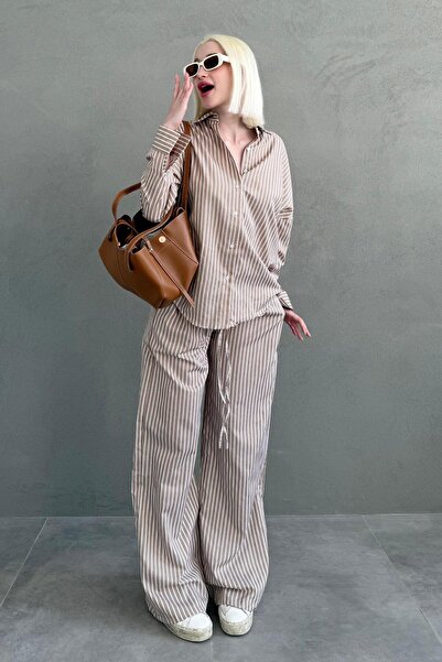 Madmext Camel Striped Shirt Pants Women's Suit Mg2457
