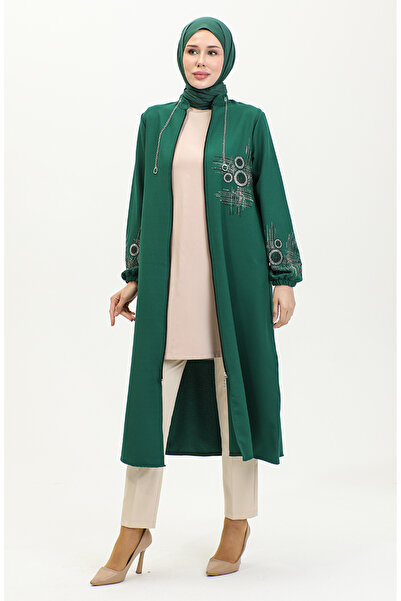 sefamerve Taş Baskılı Fermuarlı Abiye Kap 0411-01 Zümrüt Yeşili