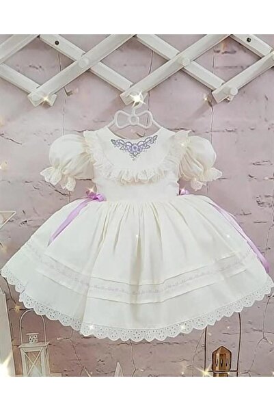 Hly Karol Tasarım Cream Lilac Ribbon Vintage Baby Girl Birthday Dress, Suitable for Ages 0-12