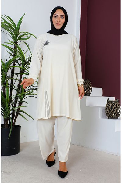 sefamerve Σετ τουνίκ και παντελονιού Plus Size Cream - 2608-03
