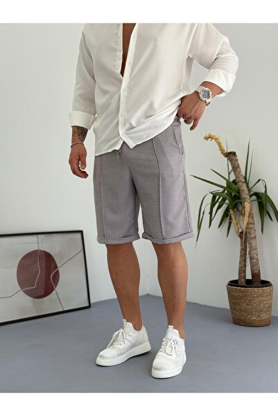 Combineman35 Γκρι ανδρικό λινό καλοκαιρινό σορτς με λεπτομέρεια από γρασίδι