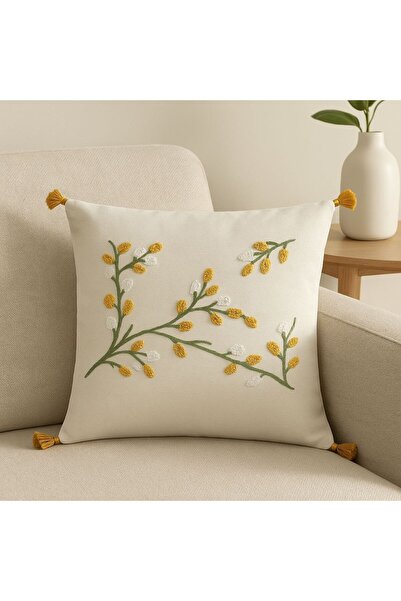 portofino Sarı ve Beyaz Çiçek Nakışlı Dekoratif Kırlent Kılıfı - 43x43 cm - P...