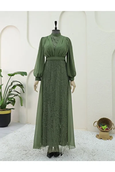 HİJABAYA Beaded and Sequined Belted Chiffon Evening Dress