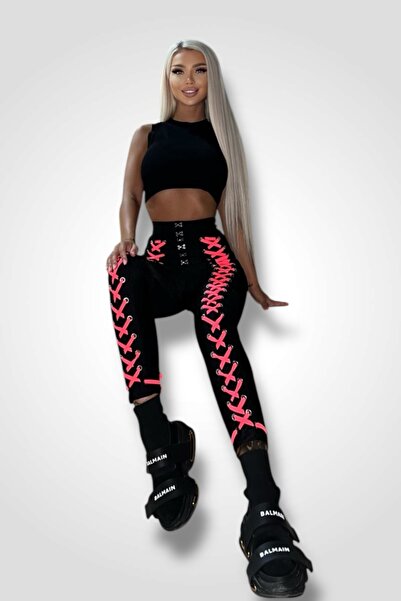 BOMBFIT Colanti luciosi Bandage Pink, cu snur, din Lycra