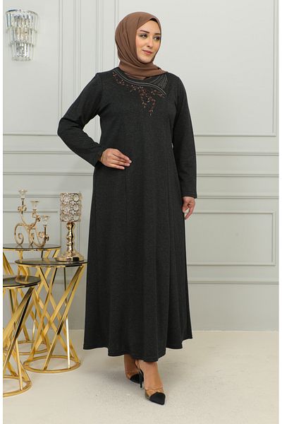 sefamerve Μαύρο Κεντημένο Φόρεμα Βισκόζης Plus Size - 4879-03