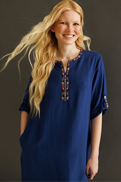 Desen Triko Women's Ethnic Pattern Embroidered Linen Dress Navy Blue