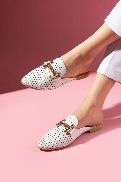 FUGA MODA Pavina White Laser Cut Skin Leather Slippers with Gold Accessories