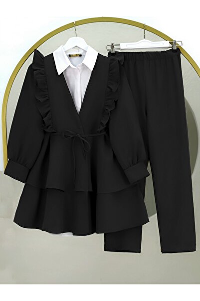 HİJABAYA Ruffled Lace-Up Skirt and Tiered Pants Kimono Set