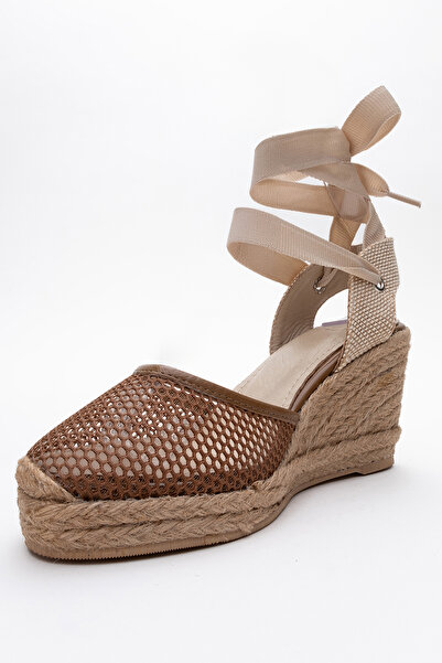 LuviShoes LIONS Women's Wedge Heel Sandals - Tan Mesh, Ankle Strap Leather
