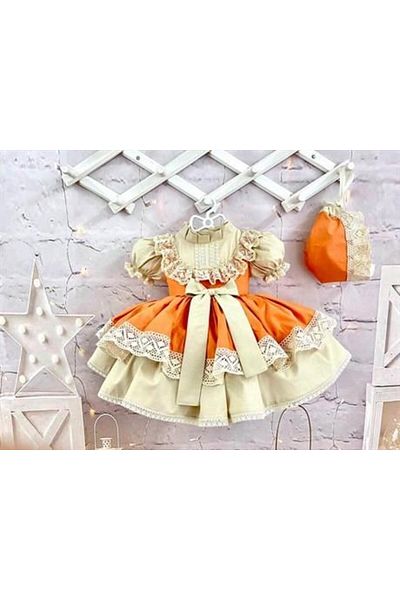 Hly Karol Tasarım Orange Bow Baby Girl Dress, Special Tailored Girl's Dress, Birthday Dress, Photo