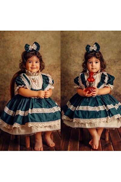 Hly Karol Tasarım Yeşil Krem Vintage Kız Bebek Elbisesi, Özel Dikim Kız Çocuk...